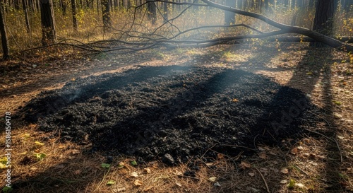 Forest Fire aftermath: A view of a charred patch of forest ground, post-blaze, with wisps of smoke rising amidst the sun-dappled, solemn trees.