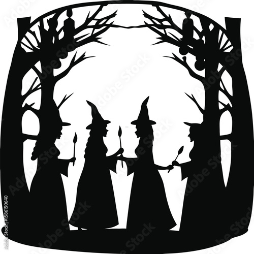 Group of witches standing in circle casting spells dark mystical ritual illustration, Witches standing in circle, Coven of witches ritual, Magical witches gathering

