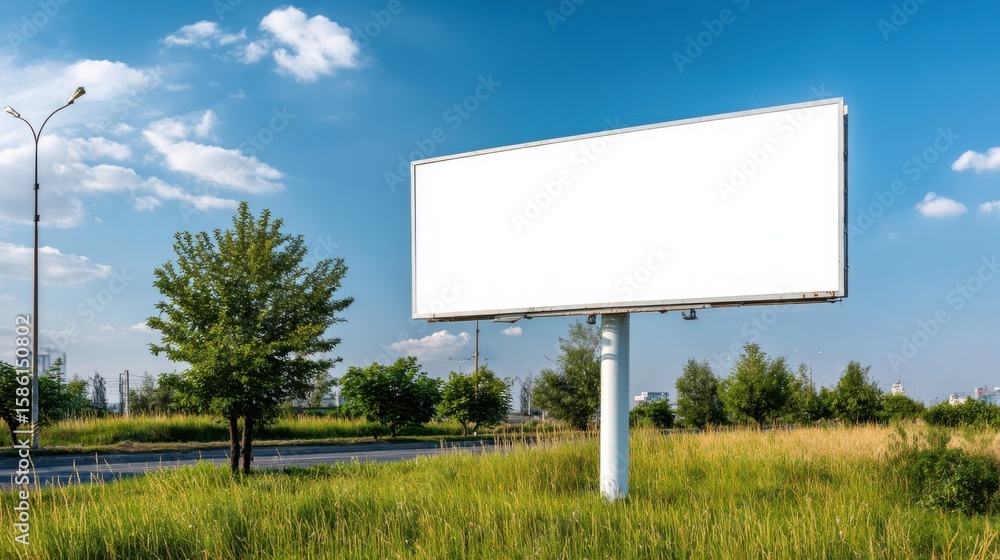 Large empty rectangular billboard sign on metal pole overlooking grassy field with trees on bright sunny day. Large empty rectangular billboard sign on metal pole overlooking grassy field with trees on bright sunny day.