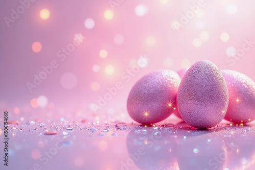 Pink decorative easter eggs on shiny background with sparkles  