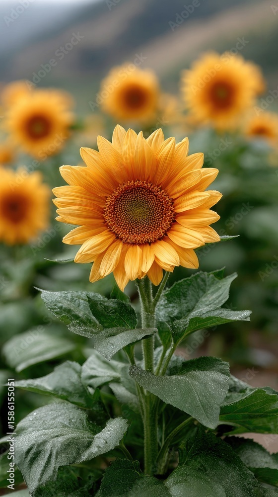 Obraz premium Sunlight bathes a field of sunflowers in shades of gold beneath a clear sky, showcasing nature's beauty and warmth