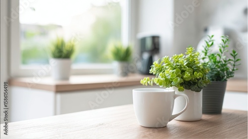 Bright modern kitchen with fresh green potted plants, coffee mug and natural light.