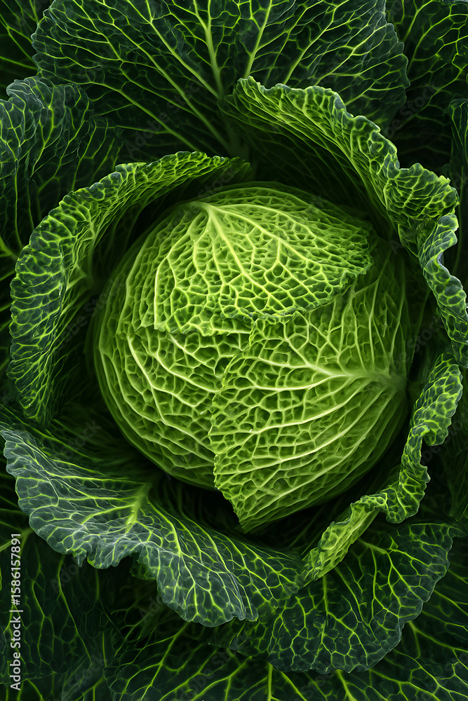 Fototapeta premium A vibrant, fresh green cabbage showcasing its intricate, leafy texture is beautifully captured in a sunlit garden setting