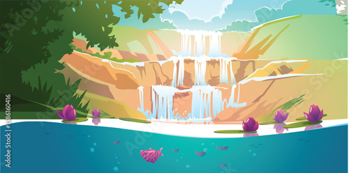 Landscape with cascade waterfall in forest