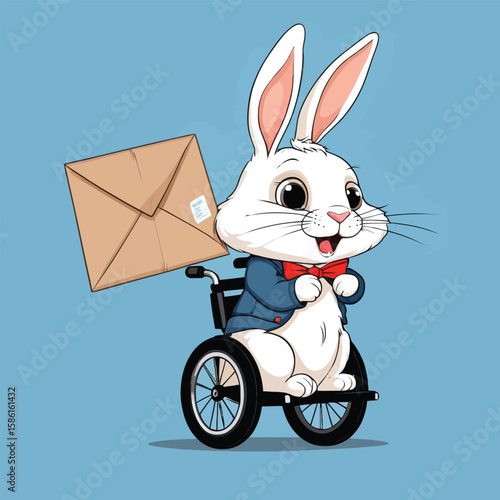 Delightful Vector Rabbit in Wheelchair Delivering a Letter - Cartoon Illustration for Children's Books, Greeting Cards, and Inclusive Design Projects