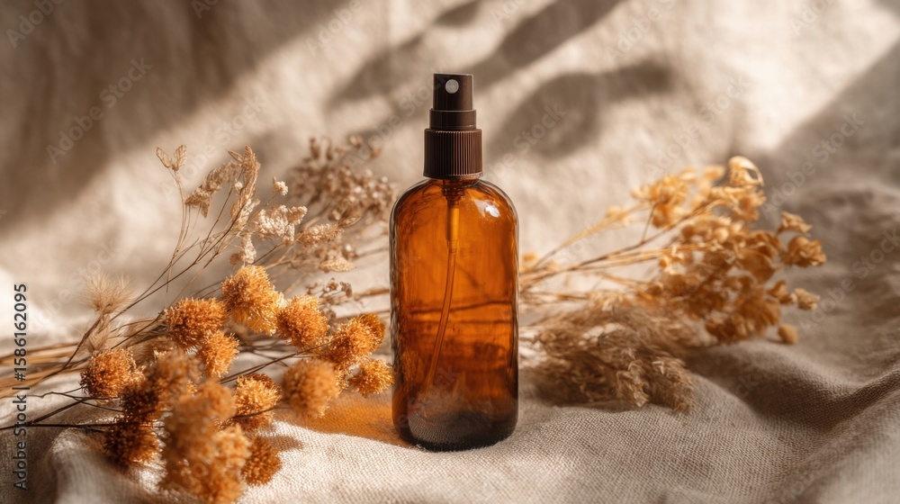 Fototapeta premium Amber Glass Spray Bottle with Dried Botanical Flowers on Soft Fabric Background.