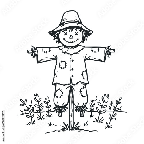 Rustic scarecrow with patchy clothes and hat in field sketch. Hand drawn vector illustration