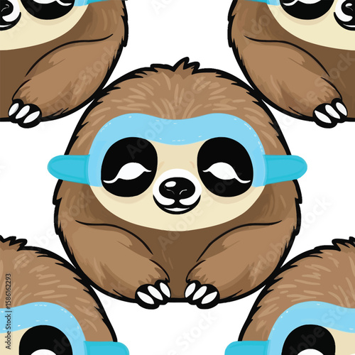 Seamless vector pattern featuring cute cartoon sloths wearing sleeping masks, designed for backgrounds, textiles, or children's products, evoking a playful and peaceful atmosphere with its soft