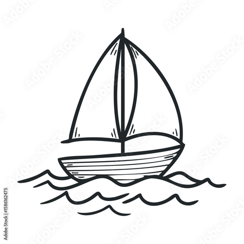 Hand-drawn sailboat on waves line art with simple nautical design. Hand drawn vector illustration