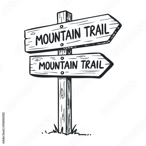 Hand-drawn wooden mountain trail sign with double arrow directions. Hand drawn vector illustration