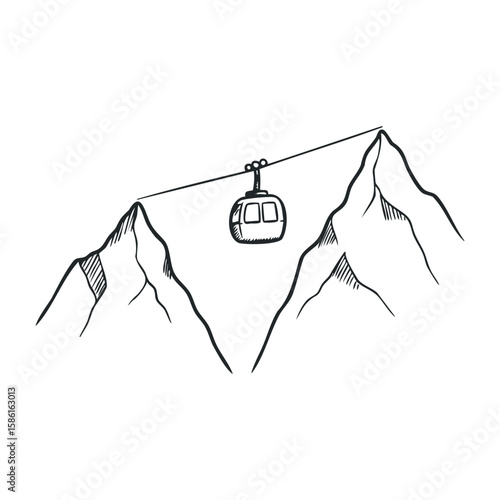 Mountain cable car sketch with snowy peaks and cable line. Hand drawn vector illustration
