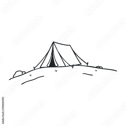 Minimalist camping tent on hilltop outline with simple black and white design. Hand drawn vector illustration