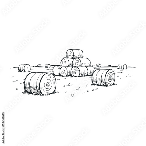 Hay bales sketched in rural field landscape with stacked round bales. Hand drawn vector illustration