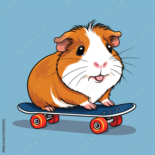 Cute Guinea Pig Cartoon Vector Illustration: A whimsical depiction of a guinea pig riding a skateboard, ideal for children's books, educational materials, or playful designs, rendered in a clean