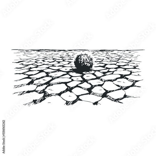 Desolate arid landscape with tumbleweed on parched cracked ground. Hand drawn vector illustration