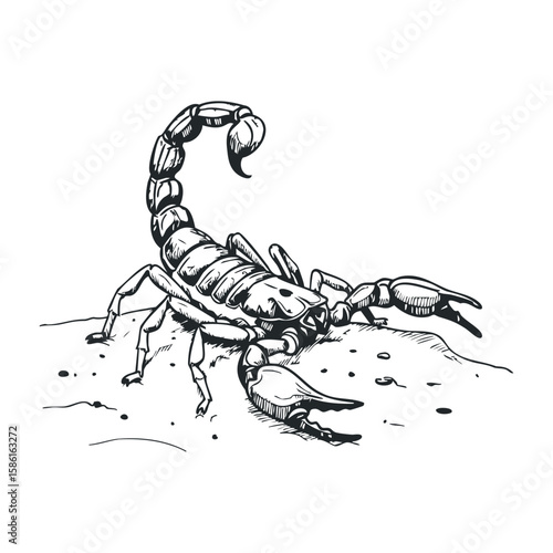 Black and white scorpion illustration in desert environment. Hand drawn vector illustration