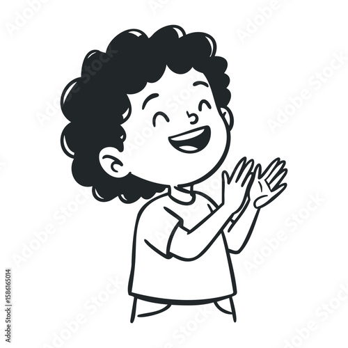 Happy hispanic child clapping hands cartoon black and white illustration. Hand drawn vector illustration