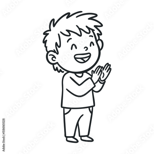 Smiling caucasian young boy clapping hands joyfully. Hand drawn vector illustration