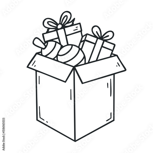 Box of wrapped gifts and christmas ornaments line art for holiday designs. Hand drawn vector illustration