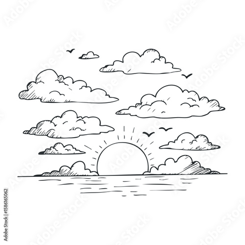Cartoon doodle of a sunrise with clouds and birds over the ocean scene. Hand drawn vector illustration