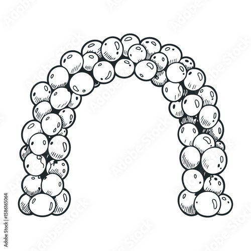 Hand-drawn balloon arch sketch with black and white spherical elements. Hand drawn vector illustration