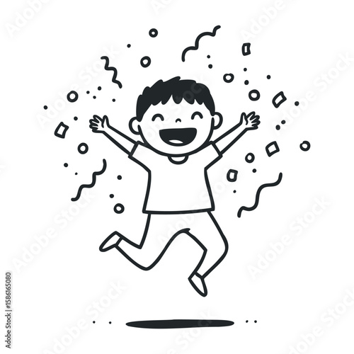 Happy asian child jumping with joy and confetti in fun black and white illustration. Hand drawn vector illustration
