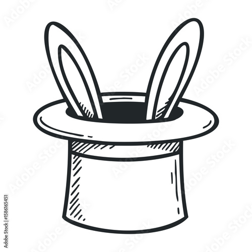 Magic hat with bunny ears: iconic symbol of illusion and wonder. Hand drawn vector illustration