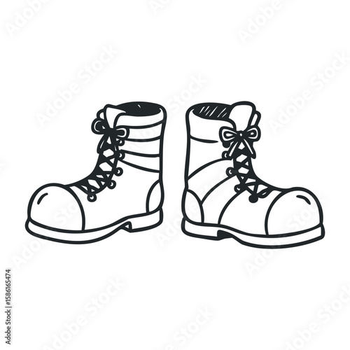 Pair of durable lace-up boots with thick soles in black and white drawing style. Hand drawn vector illustration
