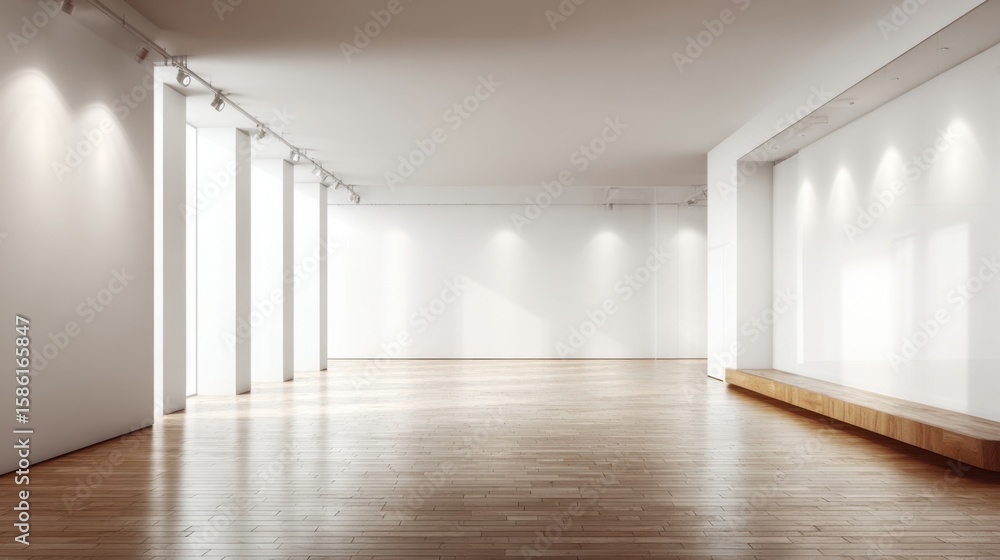 Fototapeta premium Bright modern art gallery interior with wooden floor and white walls show space.