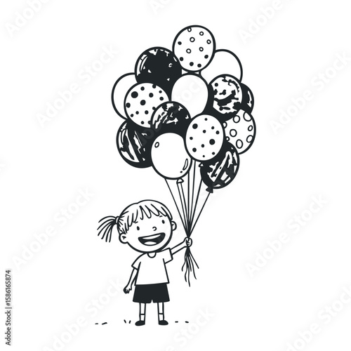 Happy caucasian female child holding balloons with smiling expression in black and white. Hand drawn vector illustration