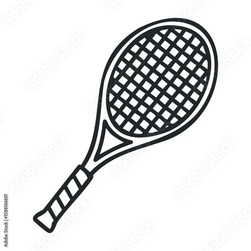 Tennis racket outline with detailed strings and wrapped handle. Outline vector illustration