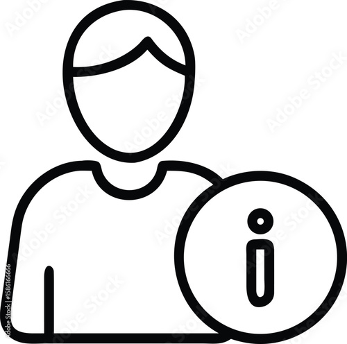 User profile avatar outline icon with info symbol, user account details help