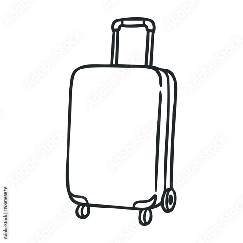 Simple black and white drawing of a rolling suitcase with extended handle. Outline vector illustration