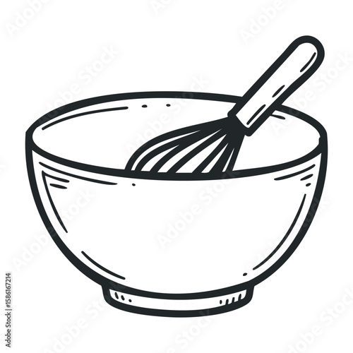 Simple line drawing of mixing bowl with whisk in black and white. Hand drawn vector illustration