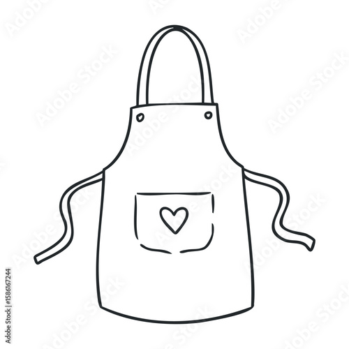 Outline of a casual apron with heart pocket design. Hand drawn vector illustration
