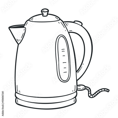 Electric kettle outline drawing with detailed spout and handle design. Hand drawn vector illustration