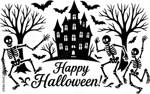 A fun and spooky Halloween graphic featuring silhouettes of skeletons running around a haunted house, surrounded by bats and barren trees.