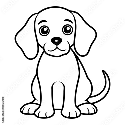 Innocent Cartoon Puppy with Droopy Ears Sitting Patiently - Minimalist Black and White Vector Design for Child-Friendly Content