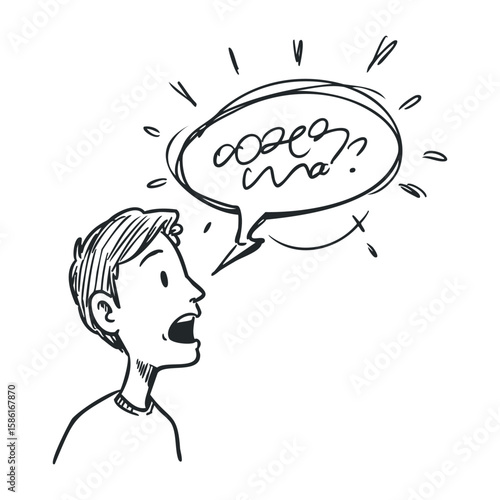 Young caucasian male teen speaking enthusiastically with hand-drawn speech bubble. Hand drawn vector illustration