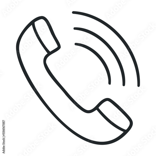 Classic wired telephone receiver icon in black and white outline design. Hand drawn vector illustration