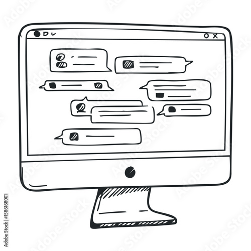 Monochrome hand-drawn computer monitor with text bubbles displayed on screen. Hand drawn vector illustration