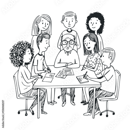 Diverse group of adults collaborating around table in casual setting. Hand drawn vector illustration