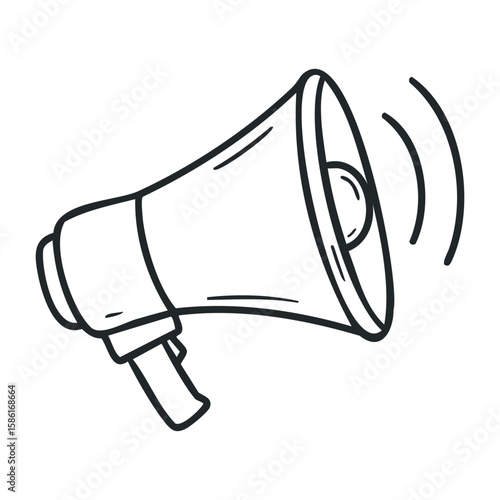 Line drawing of megaphone with sound waves for communication and announcements. Hand drawn vector illustration