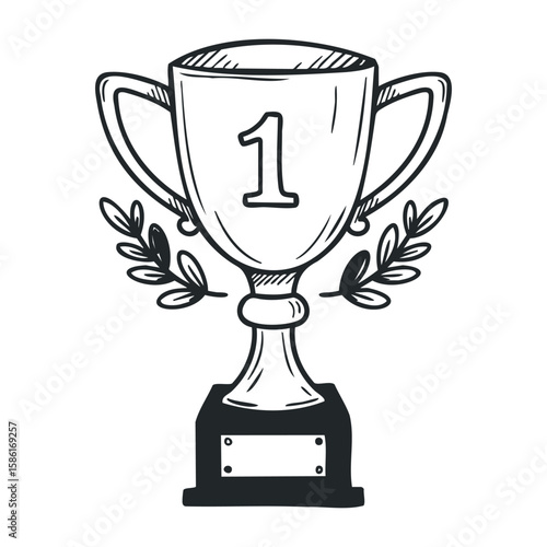 Sketch of number 1 trophy with laurel wreaths in black and white. Hand drawn vector illustration
