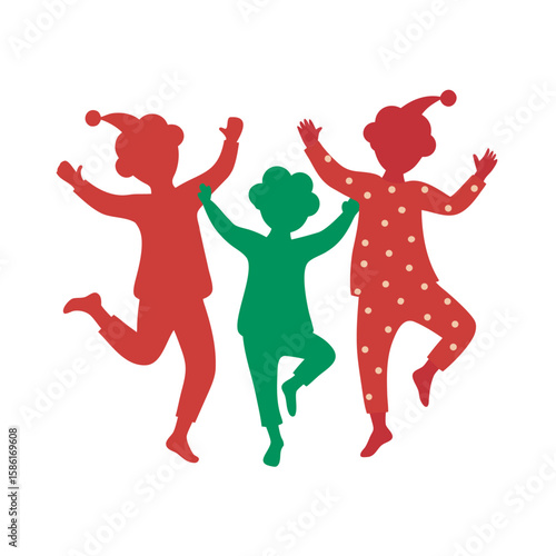 Kids Having Fun In Christmas Pajamas Silhouette
