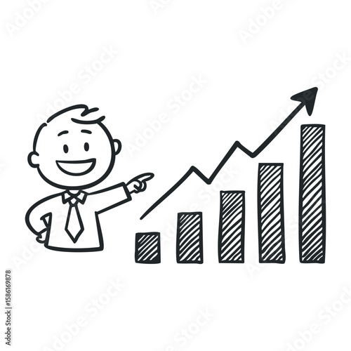 Male cartoon character pointing at rising bar graph with arrow. Hand drawn vector illustration