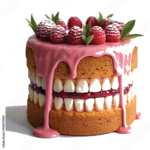 Vector art of a bizarre cake decorated with teeth and raspberries, isolated on white background