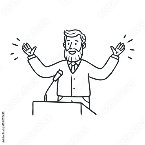 Caucasian adult male speaker illustrating speech with hand gestures at podium. Hand drawn vector illustration