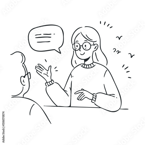 Young caucasian female engaging in conversation with smiling male colleague. Hand drawn vector illustration