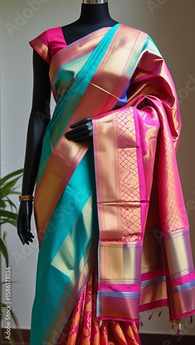 Elegant South Indian Silk Saree with Vibrant Color Block Design on Mannequin